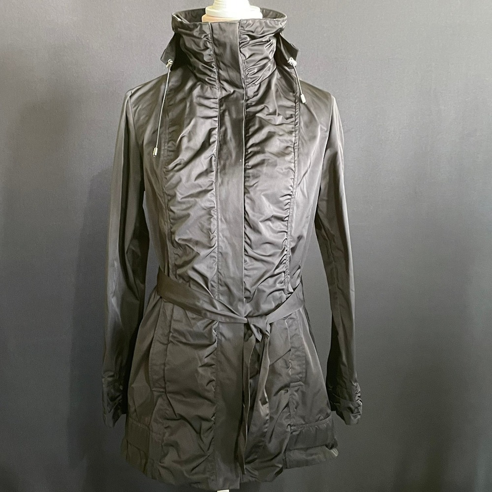 Rainforest Trench Coat Womens S Black Good Ruched Hooded Belted Rain Jacket